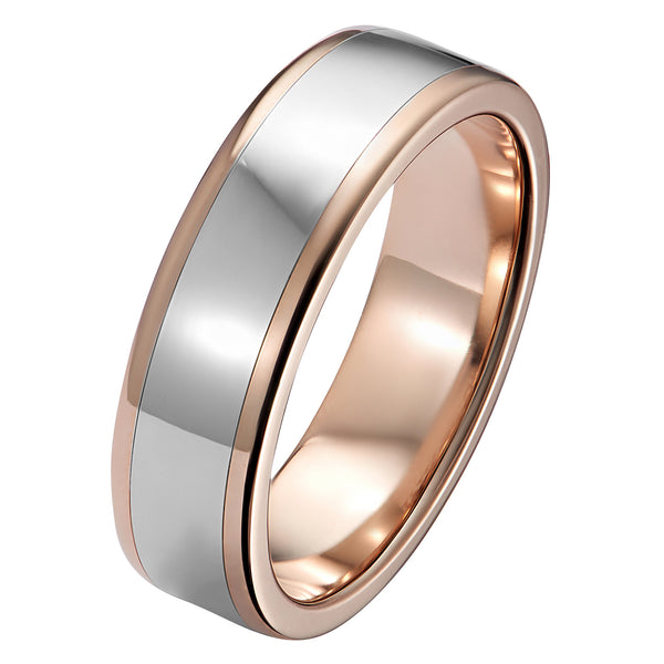 6mm soft court men's wedding ring in two tone platinum and rose gold