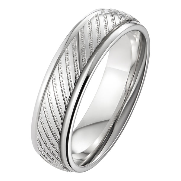 6mm platinum court men's wedding ring with diagonal lines