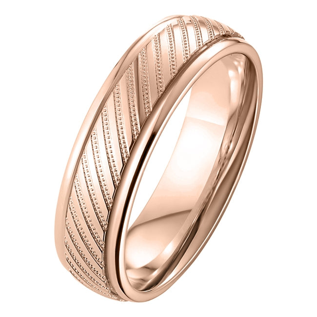 6mm rose gold court wedding band with diagonal milgrain lines