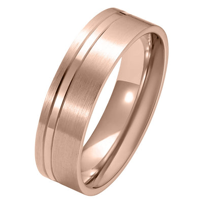 6mm Rose Gold Flat Court Satin and Polished Mens Rings
