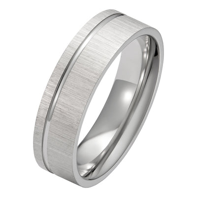 6mm satin mens wedding ring with off-centre groove in platinum