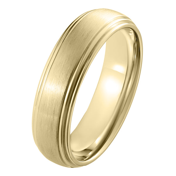 6mm satin yellow gold heavy weight mens wedding band with double groove edges