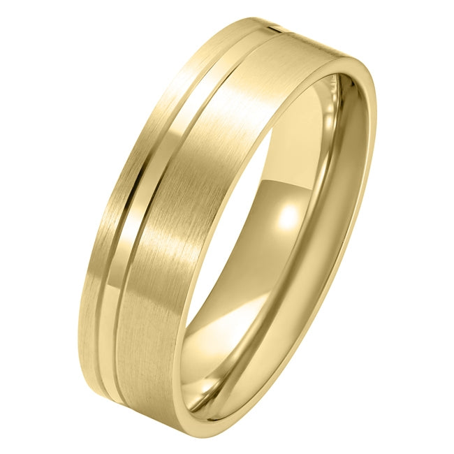 6mm yellow gold flat court shiny and brushed mens ring