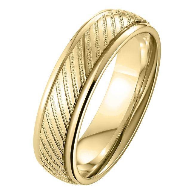 6mm yellow gold men's court wedding ring with diagonal lines