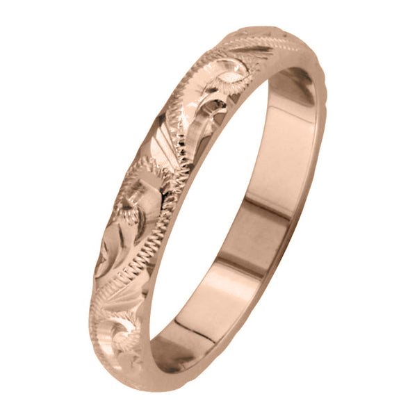 3mm hand engraved paisley pattern ring rose gold