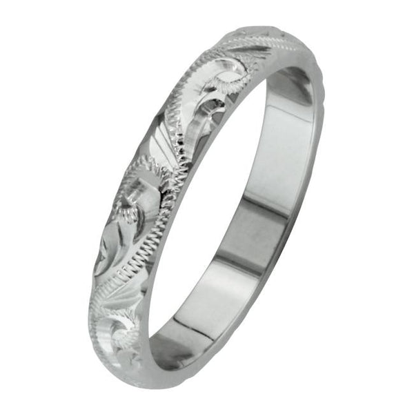 3mm hand engraved paisley pattern ring white gold