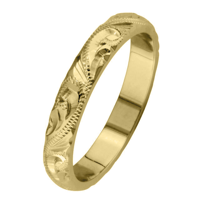 3mm hand engraved paisley pattern ring yellow gold