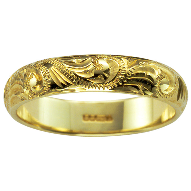 Engraved patterned yellow gold wedding band