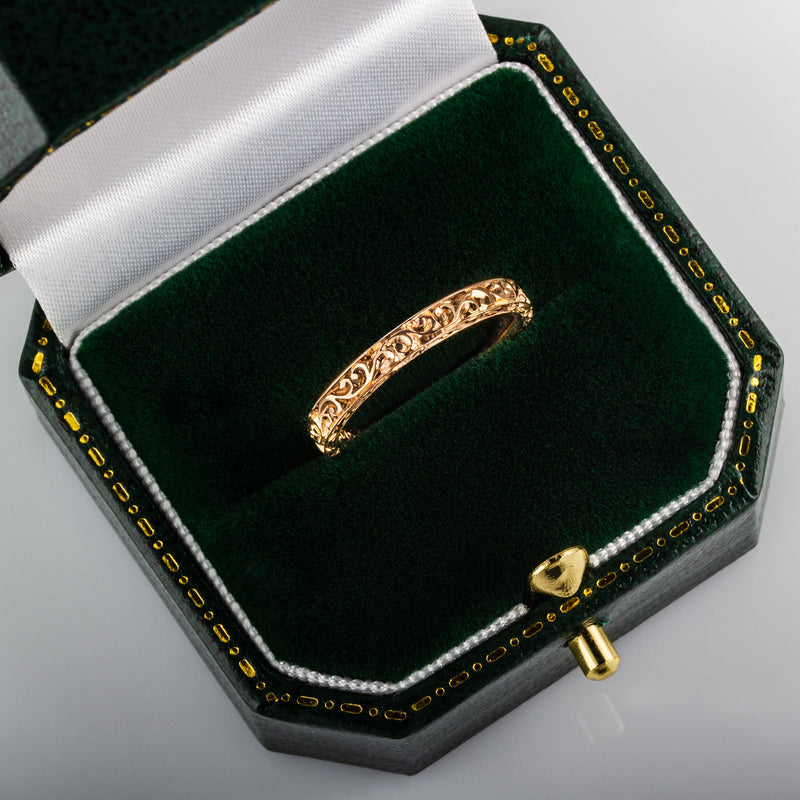 rose gold scroll engraved wedding ring