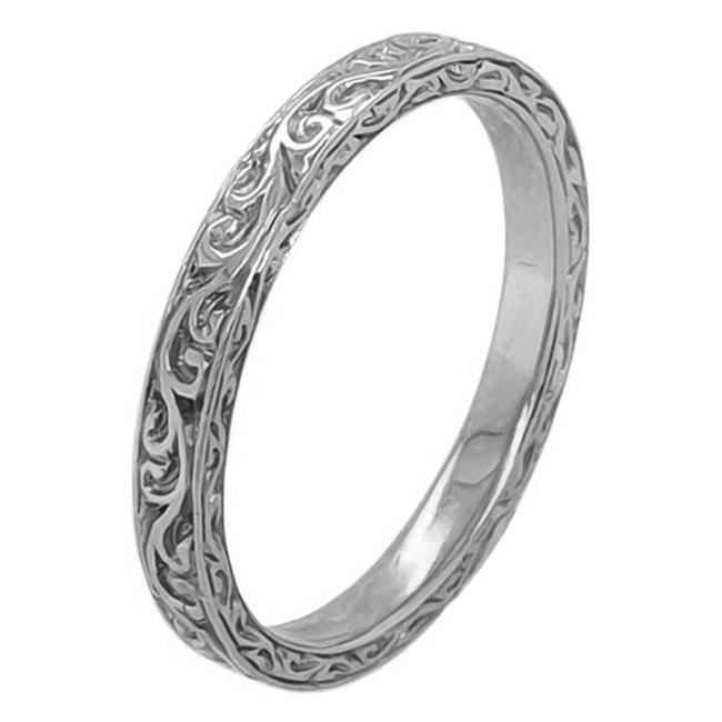 Scroll engraved white gold wedding ring