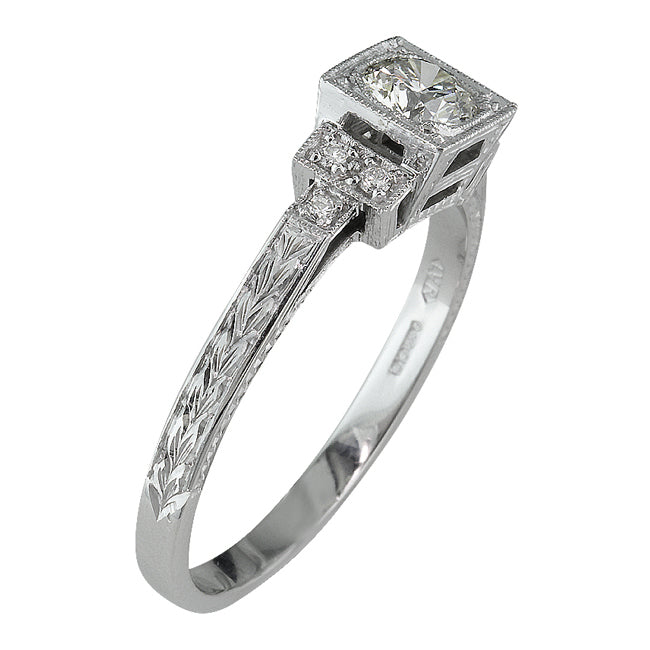Side view of engraved Art Deco diamond ring design.