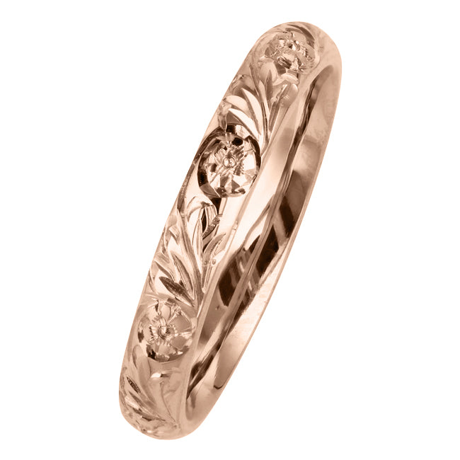 Engraved rose gold flower wedding ring
