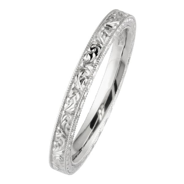Scroll pattern engraved wedding ring in 18ct white gold