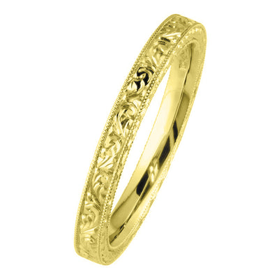 Scroll pattern engraved wedding ring yellow gold