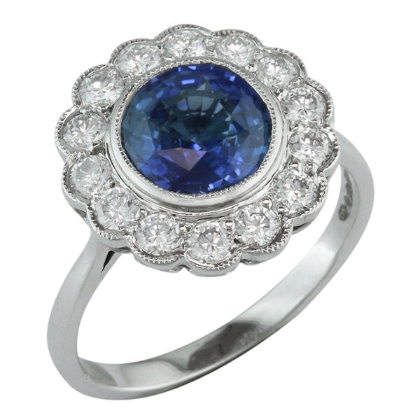 Edwardian vintage style sapphire diamond cluster ring.