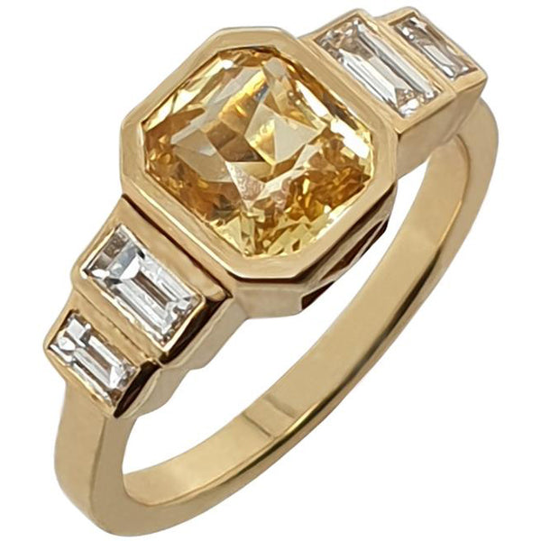 Yellow Sapphire Ring with Baguette Diamonds