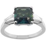 Teal sapphire and tapered baguette diamond ring