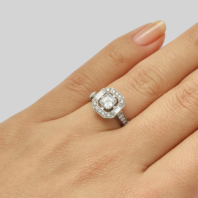 Diamond cluster engagement ring with Asscher cut diamond