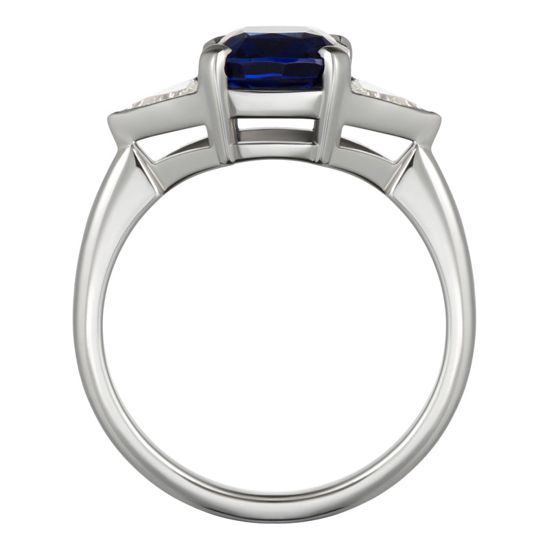 Cushion cut sapphire and triangle diamond 3-stone ring