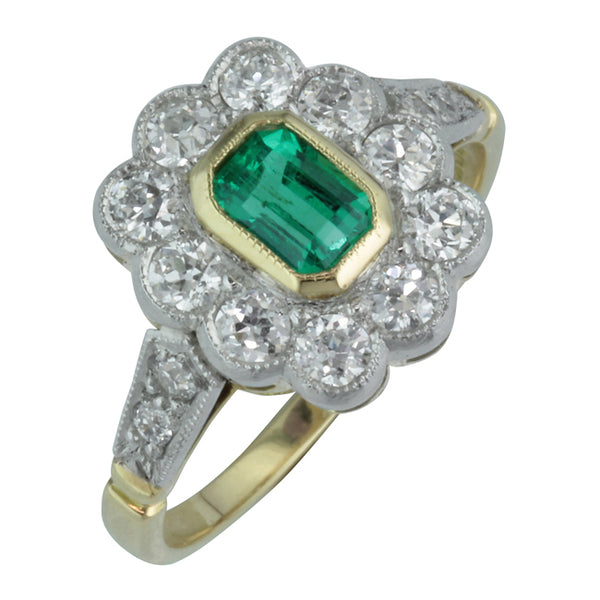 Vintage emerald cluster ring in platinum and yellow gold