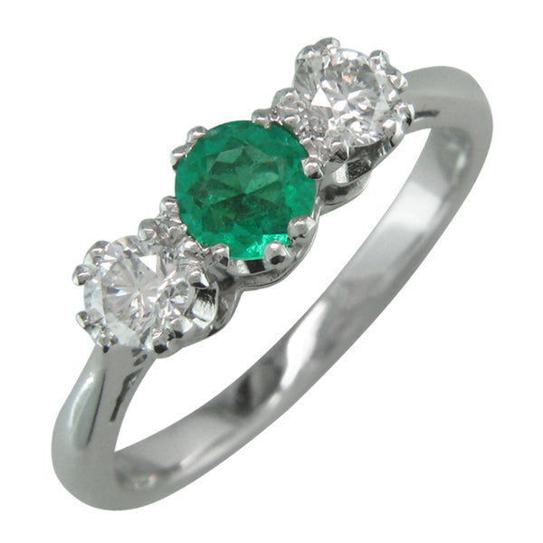 Bespoke round emerald and diamond 3 stone ring