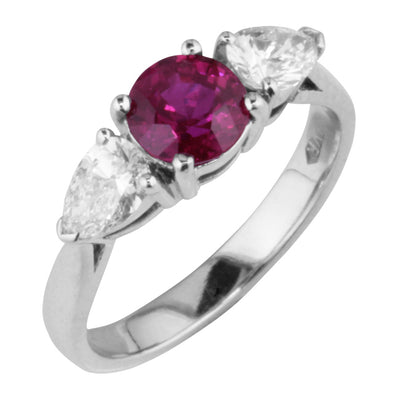Ruby Ring with Pear Shape Diamond Side Stones