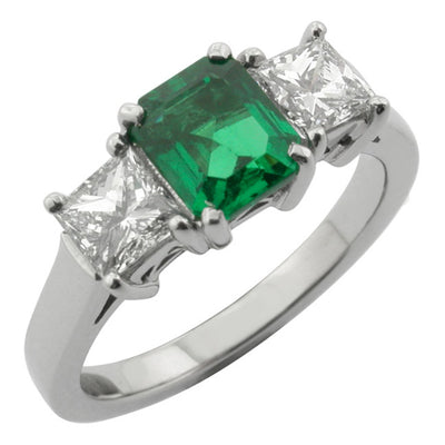 Emerald and princess cut diamond three stone ring