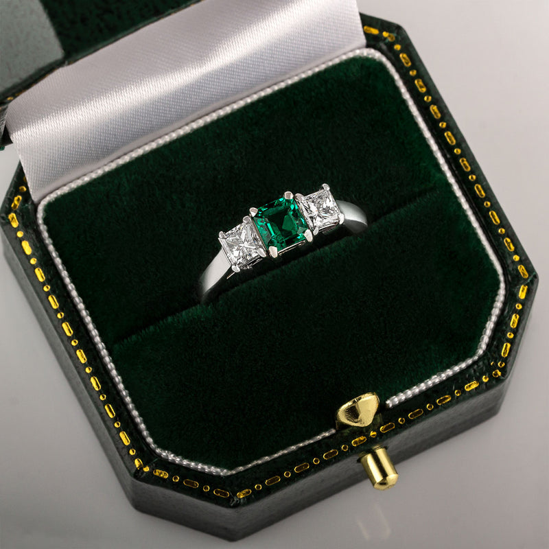 princess cut emerald and diamond three stone ring, Made by Hatton Garden Jewellers