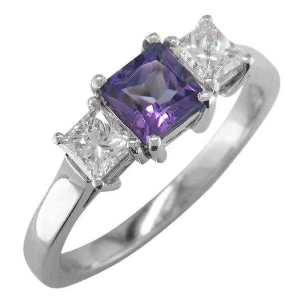 Amethyst engagement ring with princess cut diamond side stones