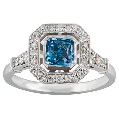 Aquamarine cluster ring in platinum in Art Deco style