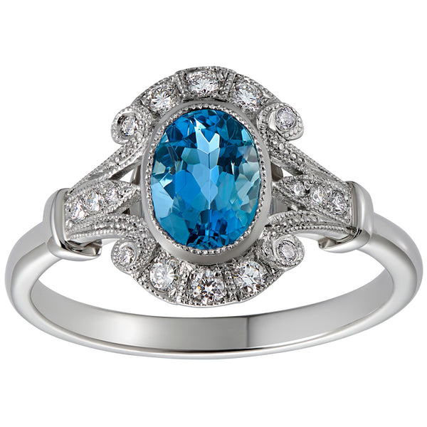 Oval aquamarine and diamond engagement ring with Santa Maria aquamarine in Hatton Garden London