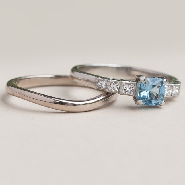 Art deco aquamarine engagement ring with wedding ring in platinum