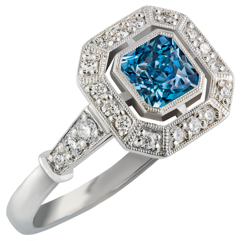 Art Deco aquamarine halo cluster ring in platinum