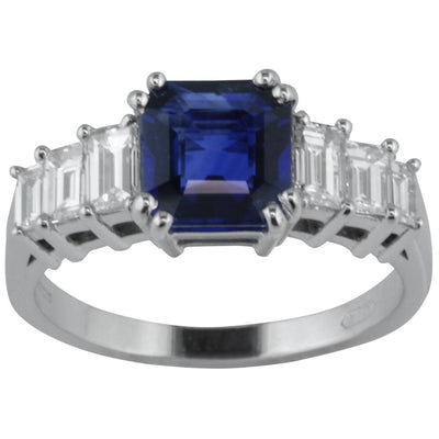 bespoke art deco sapphire baguette diamond engagement ring