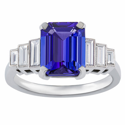 Art Deco tanzanite ring with baguette diamonds in platinum