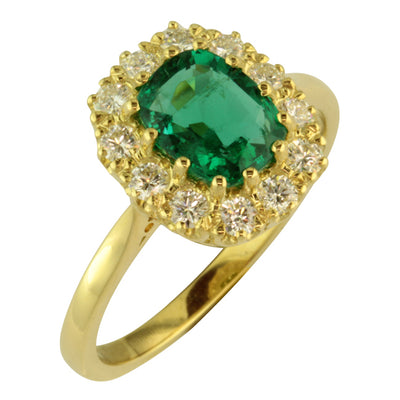 Bespoke Emerald and Diamond Cluster Ring in 18 carat Yellow Gold
