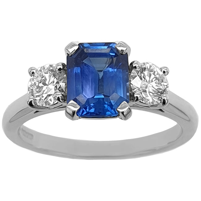 Emerald Cut Sapphire and Round Diamond Trilogy Ring in Platinum