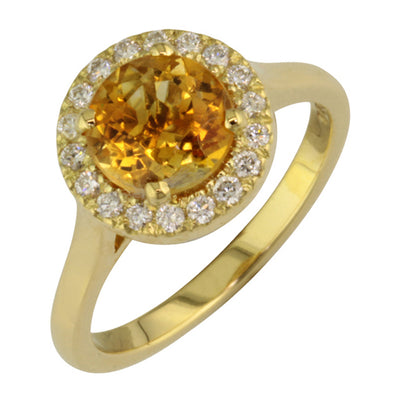 Citrine and Diamond Halo Ring in Yellow Gold