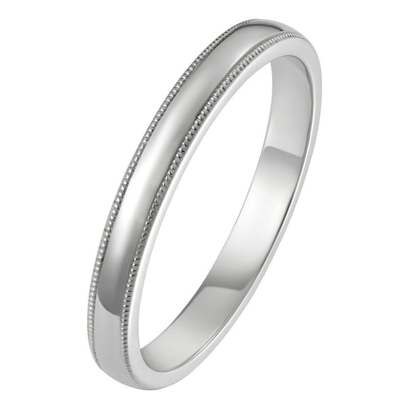 D-shape platinum wedding ring with milgrain