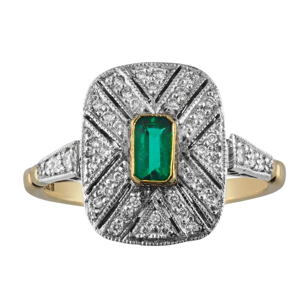 Emerald and diamond plaque ring in Edwardian/Art Deco design