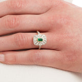 Emerald and diamond plaque ring two tone