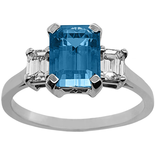 Emerald-Cut Aquamarine and Diamond Trilogy Ring