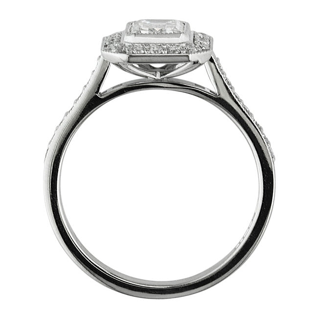 Emerald cut diamond halo ring UK Hatton Garden