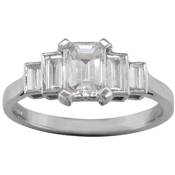 Emerald cut engagement ring with baguette diamonds