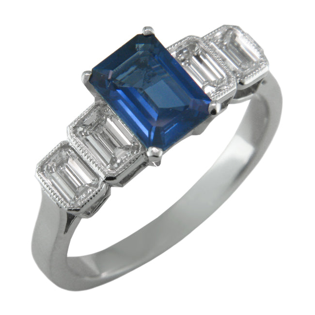 Emerald cut sapphire and diamond five stone ring made to a bespoke vintage design