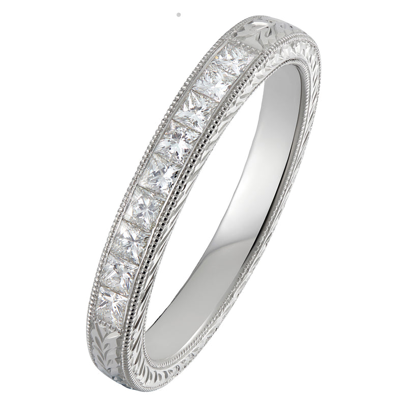 Engraved princess cut diamond wedding ring in platinum