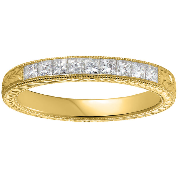 Engraved princess cut diamond wedding ring in 18ct yellow gold