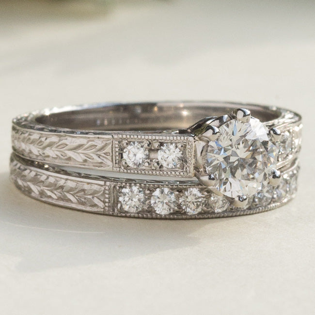 Engraved wedding ring with vintage engagement ring