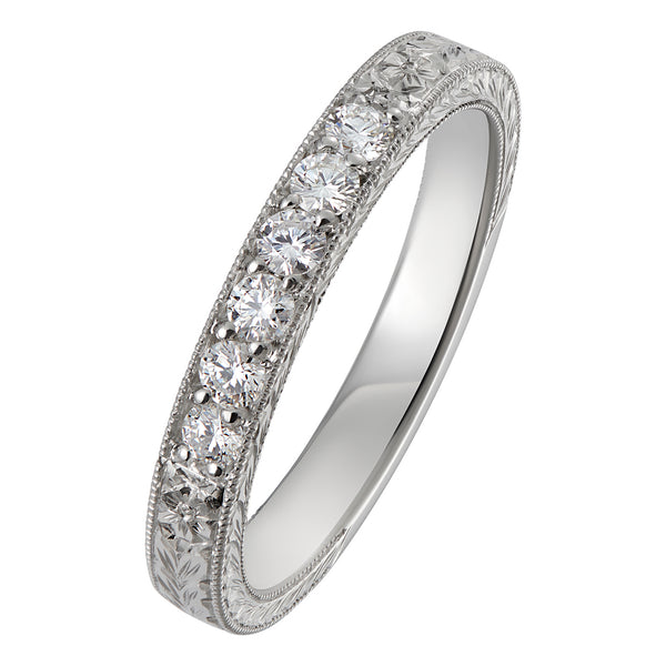 forget-me-not-flower-engraved diamond wedding ring in platinum