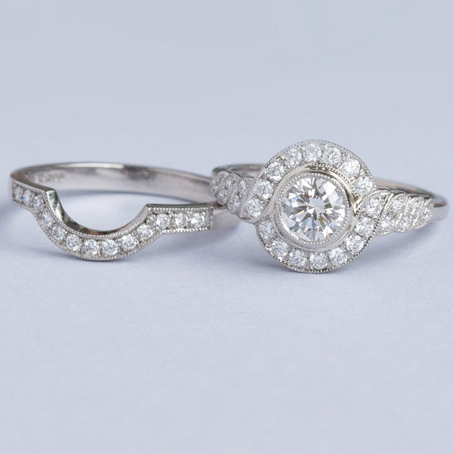 Halo diamond ring with complimentary wedding ring